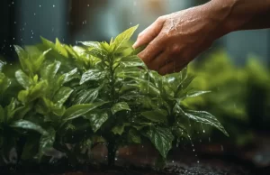 A man spraying plant leaves