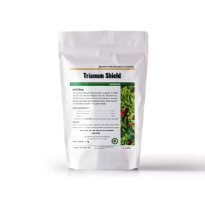 A package of Trianum Shield, a microbial bio-fungicide, used for controlling various plant diseases, including Fusarium wilt in bananas.