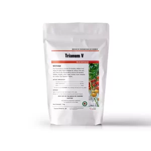 White package of Trianum V microbial foliar biopesticide, displaying product details and an image of tomatoes on the right side.