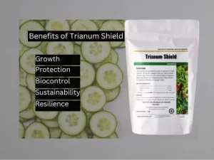 A product package labeled "Trianum Shield" is displayed on the right side of the image. On the left side, sliced cucumbers are arranged as a background, with a list of benefits, including "Growth," "Protection," "Biocontrol," "Sustainability," and "Resilience.